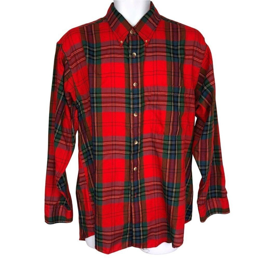 Vintage 90s Mens L Shirt Red Green Plaid Long Sleeve Button Down Grunge